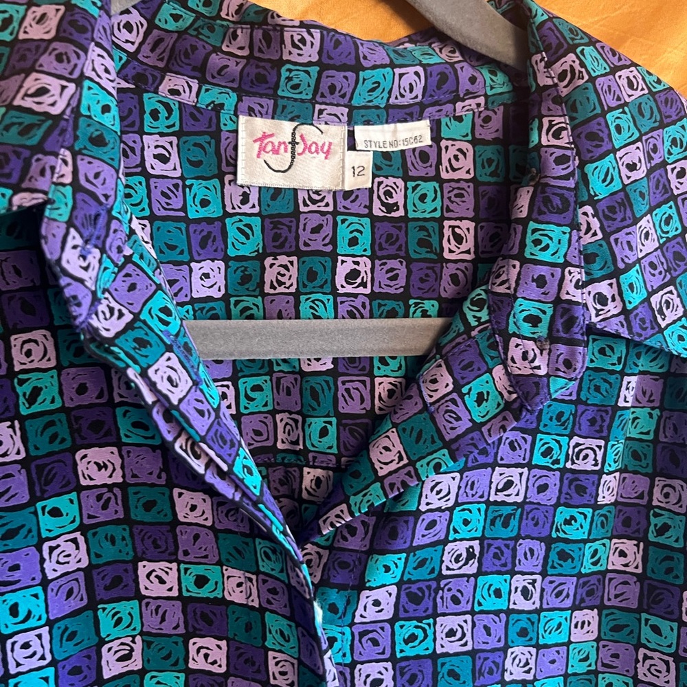 Vintage TanJay Blue and Purple Patterned Blouse Secretary Style 80s